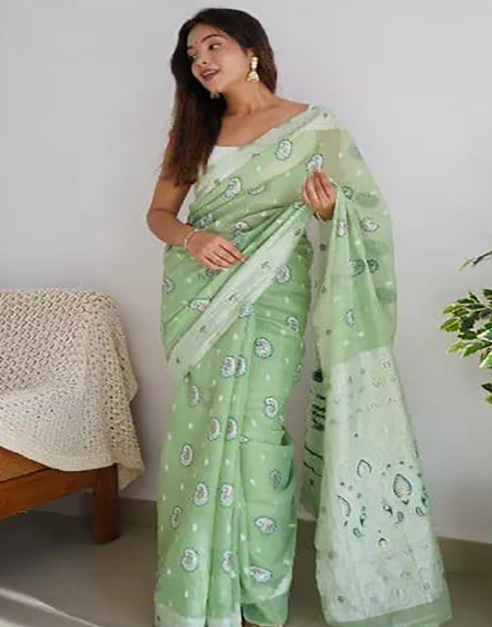 Light Pista Soft Linen Cotton Saree With Weaving Border