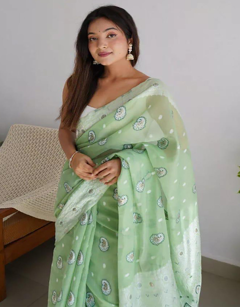 Light Pista Soft Linen Cotton Saree With Weaving Border