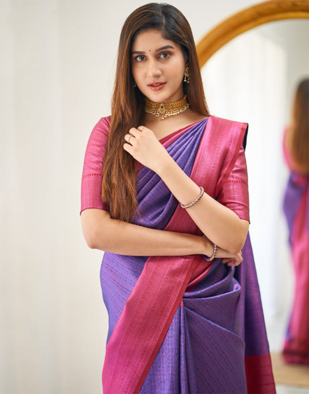 Purple Banarasi Soft Silk Saree With Zari Weaving Work