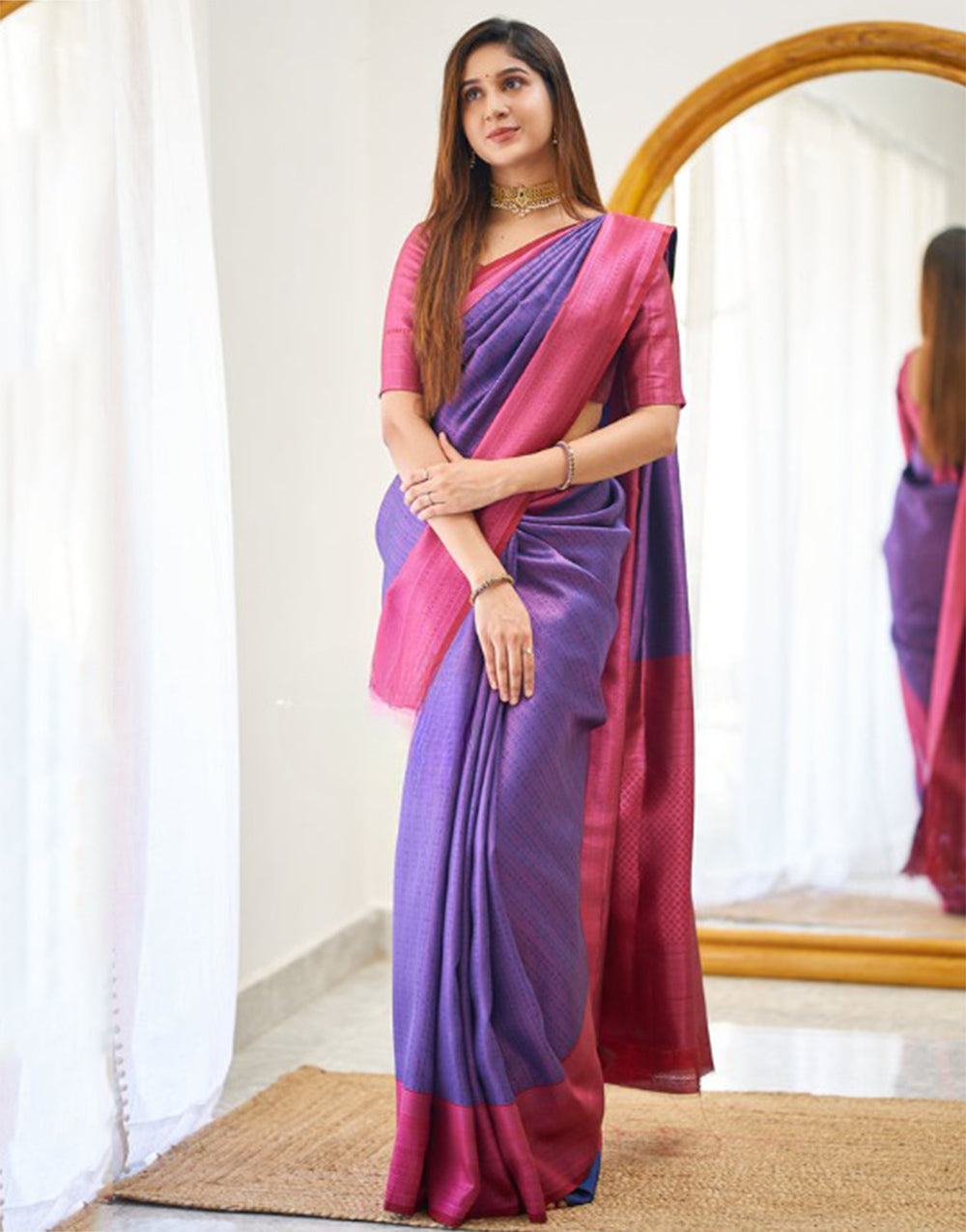 Purple Banarasi Soft Silk Saree With Zari Weaving Work