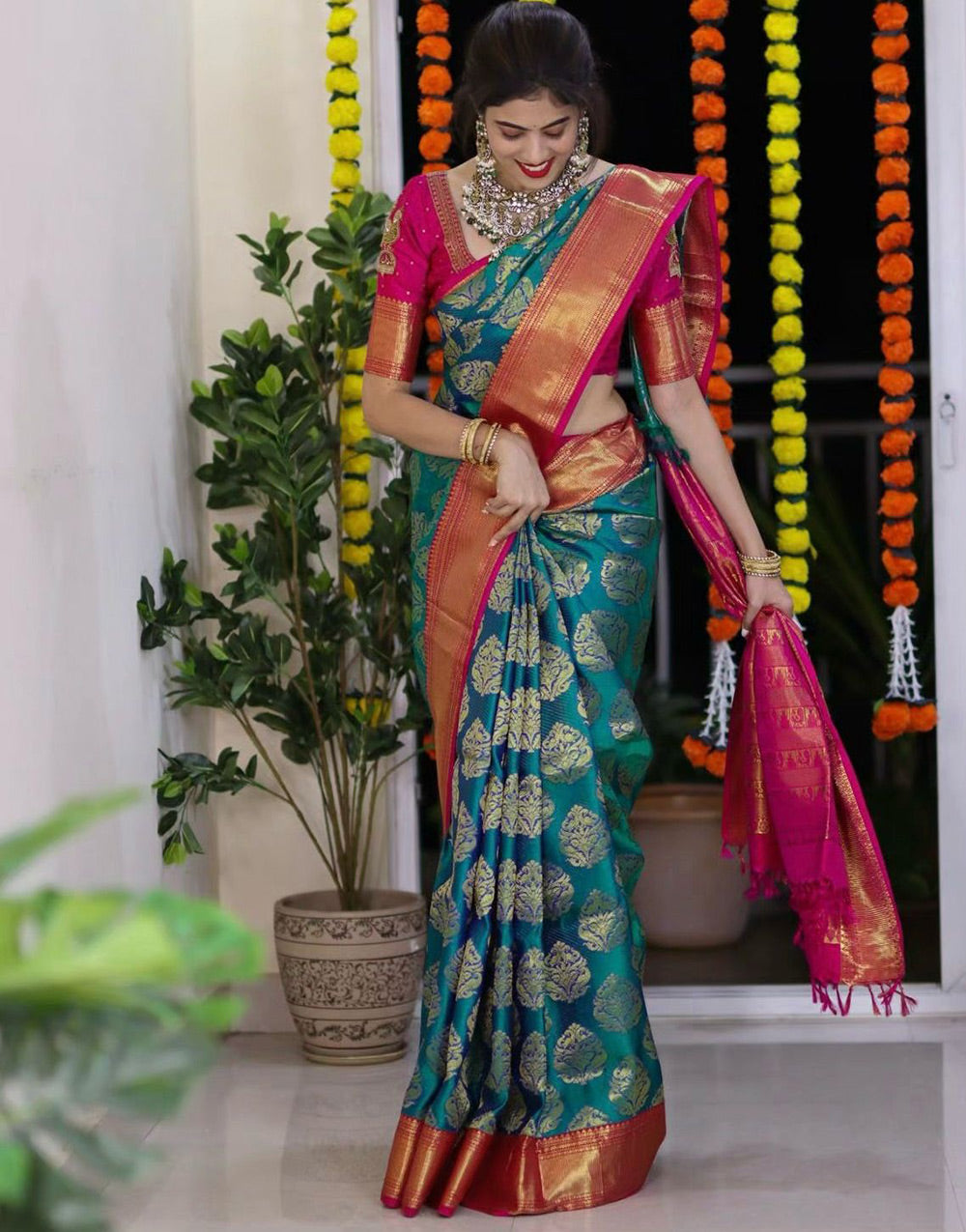 Rama Blue Banarasi Soft Silk Saree With Zari Weaving Work