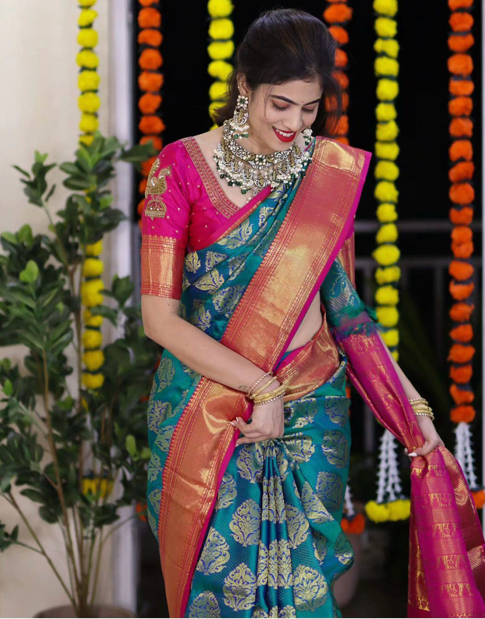 Rama Blue Banarasi Soft Silk Saree With Zari Weaving Work