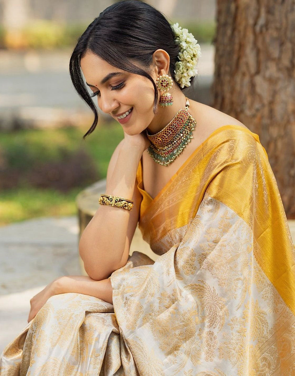 Cream & Yellow Banarasi Soft Silk Saree With Zari Weaving Work