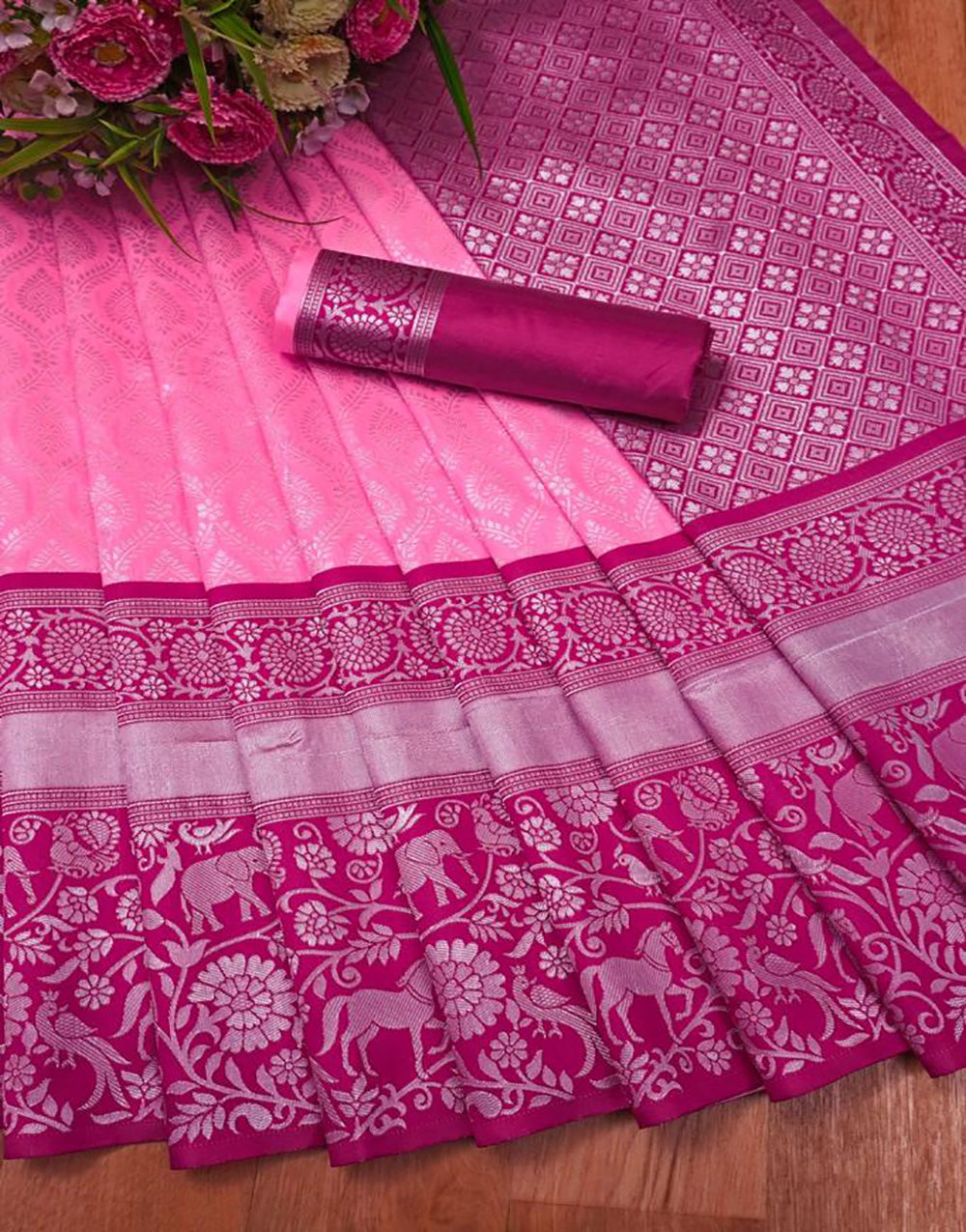Rose Pink Banarasi Soft Silk Saree With Weaving Work