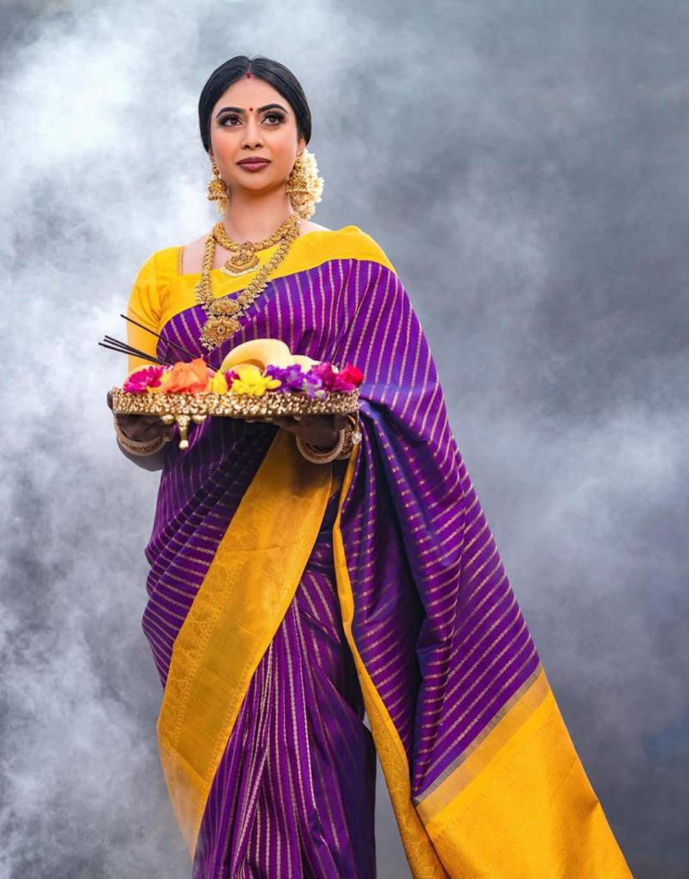 Purple & Yellow Banarasi Silk Saree With Zari Weaving Work