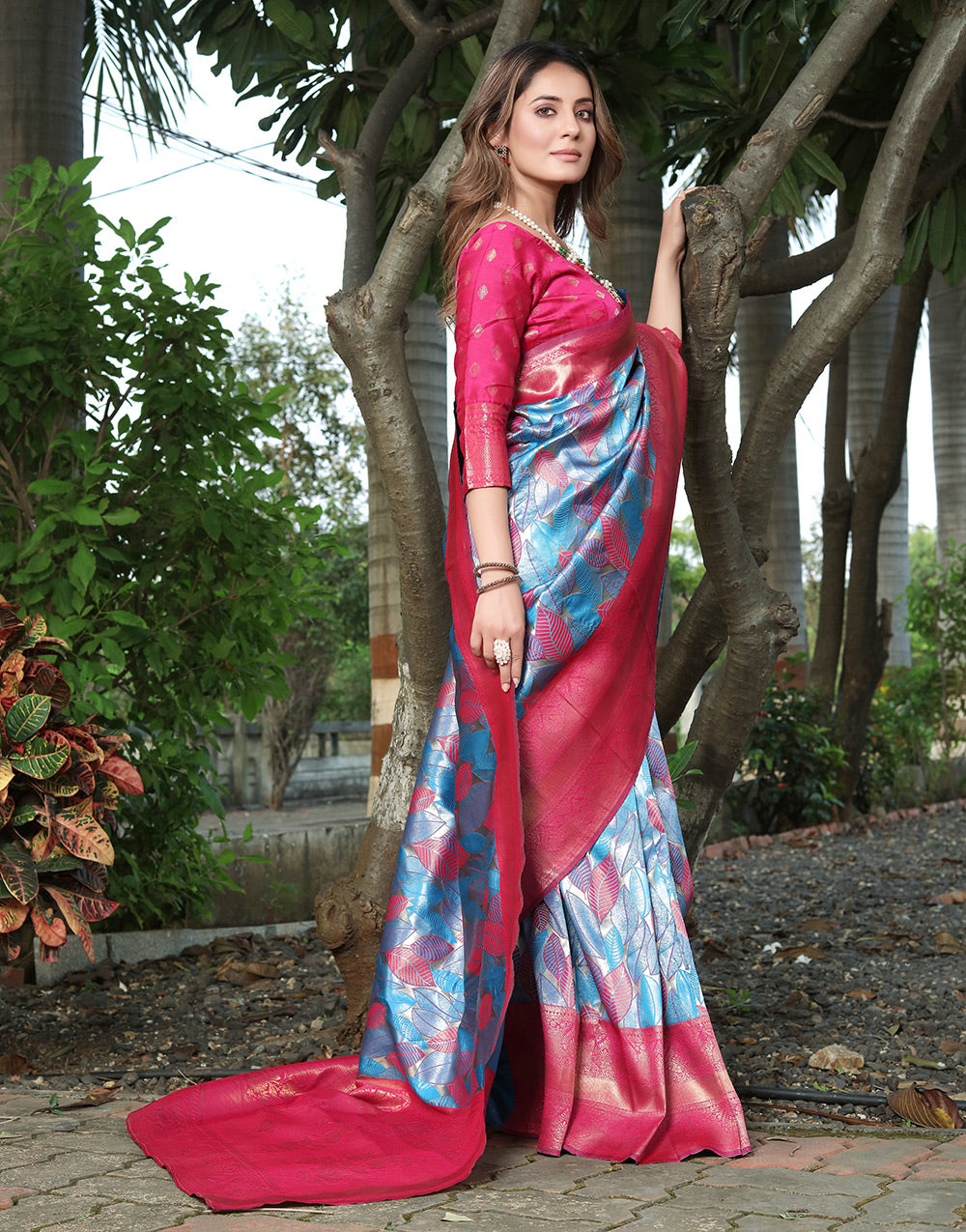 Sky Blue & Pink Banarasi Soft Silk Saree With Zari Weaving Work