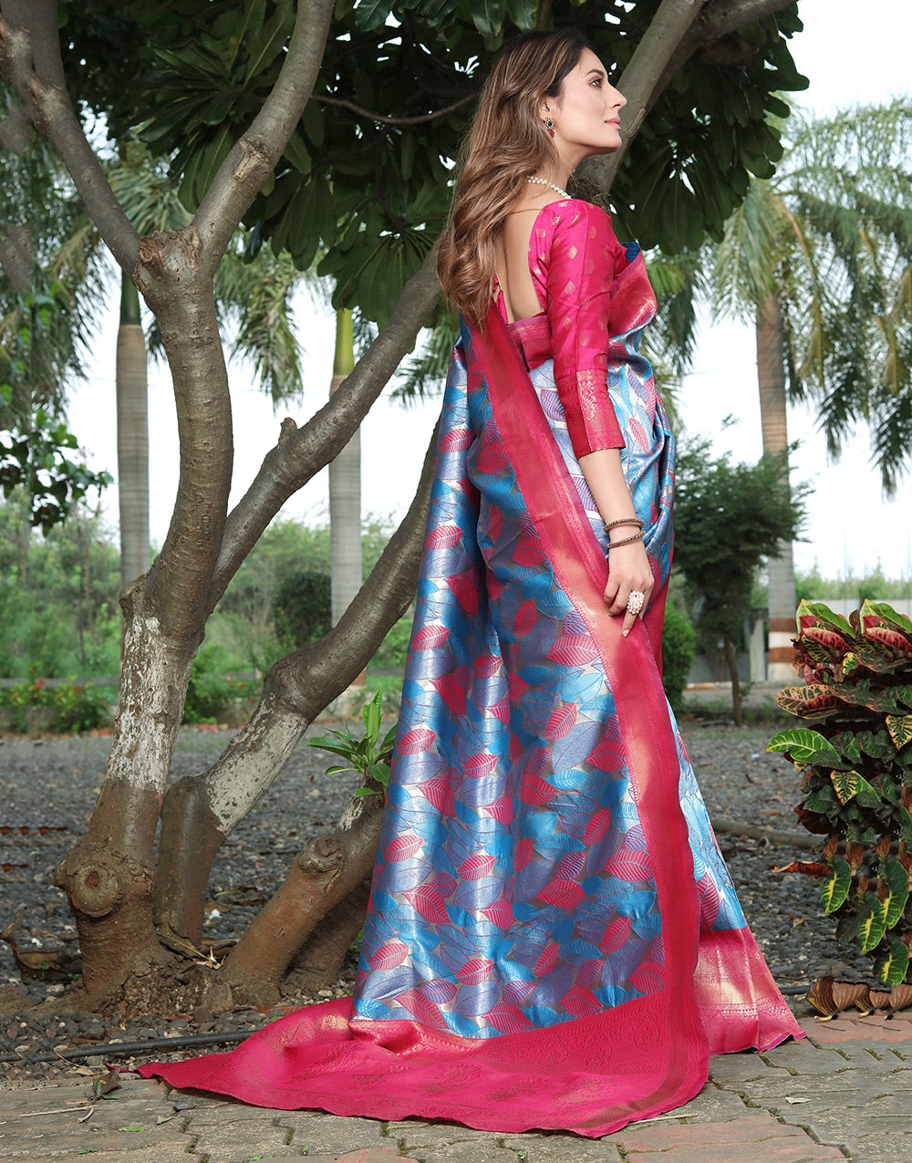 Sky Blue & Pink Banarasi Soft Silk Saree With Zari Weaving Work
