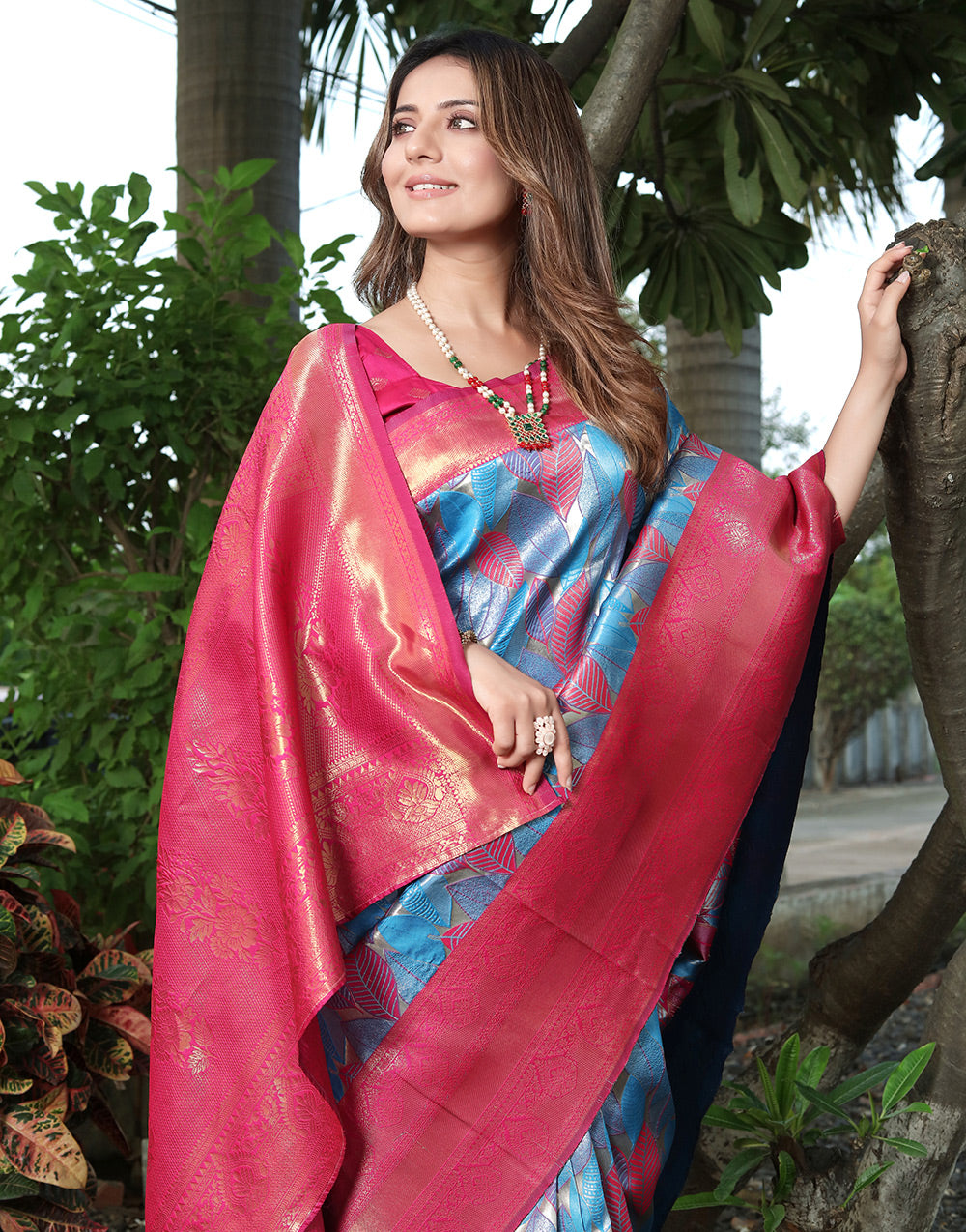 Sky Blue & Pink Banarasi Soft Silk Saree With Zari Weaving Work