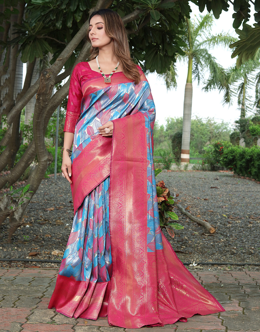 Sky Blue & Pink Banarasi Soft Silk Saree With Zari Weaving Work