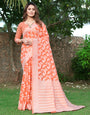 Salmon Orange Banarasi Soft Silk Saree With Zari Weaving Work