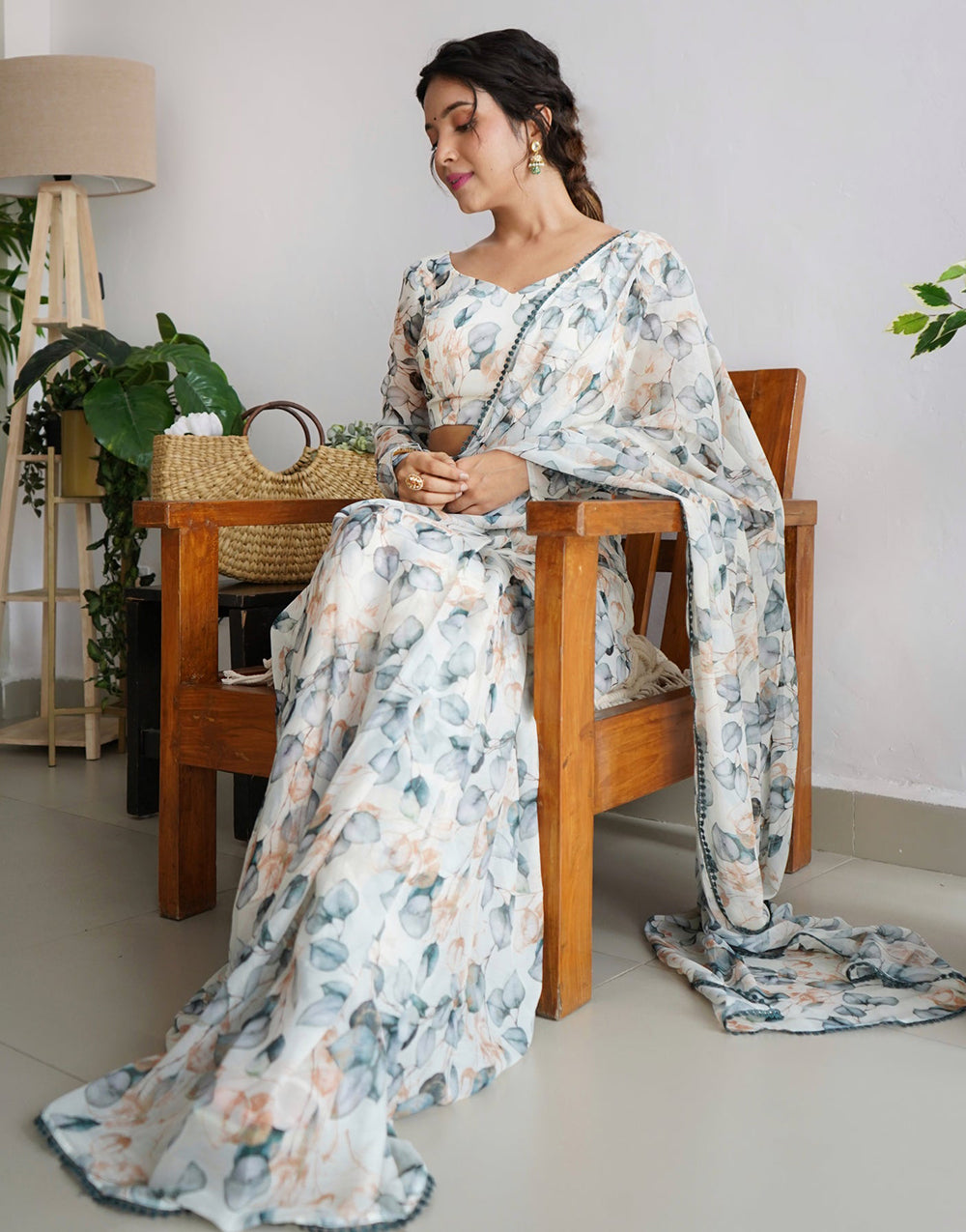 Off White Flower Print Georgette Saree