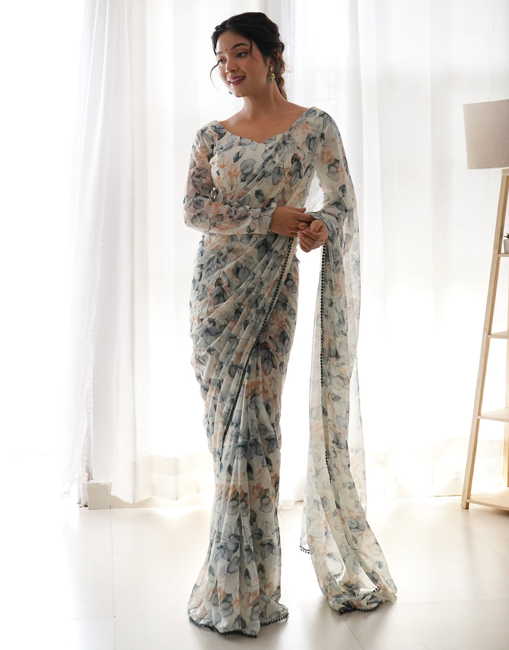 Off White Flower Print Georgette Saree