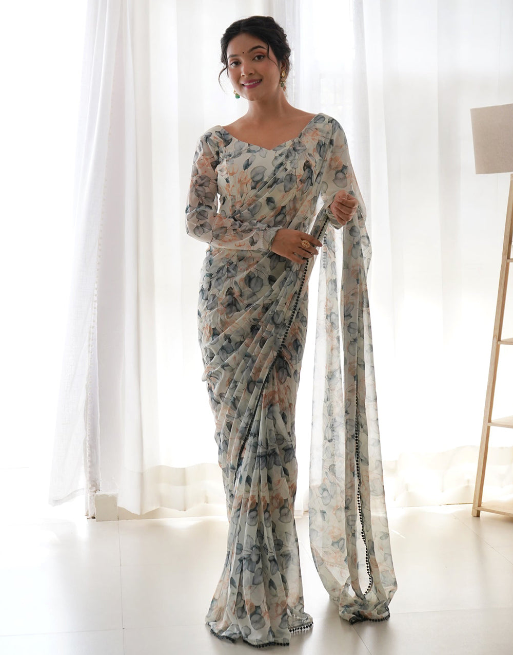 Off White Flower Print Georgette Saree