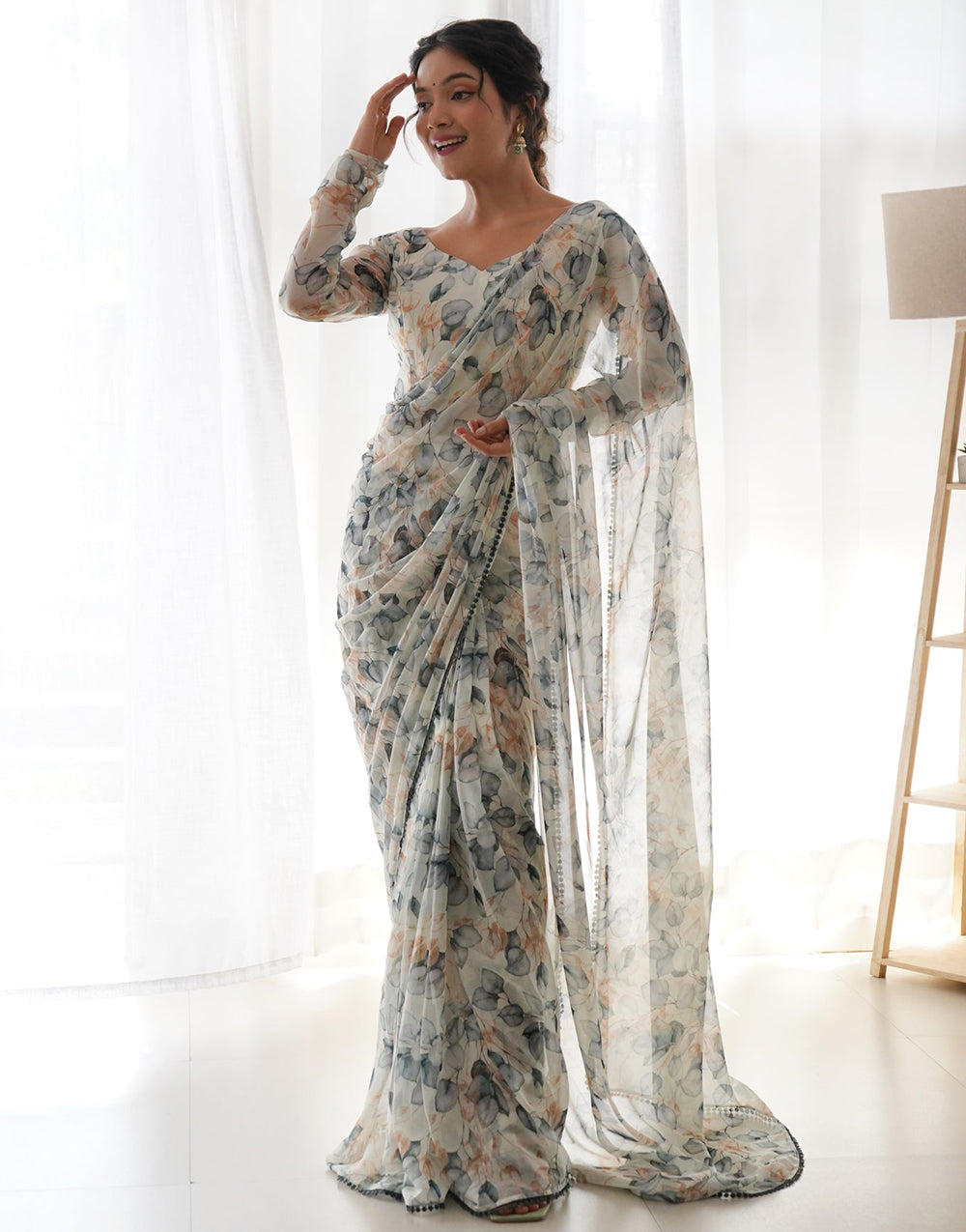 Off White Flower Print Georgette Saree