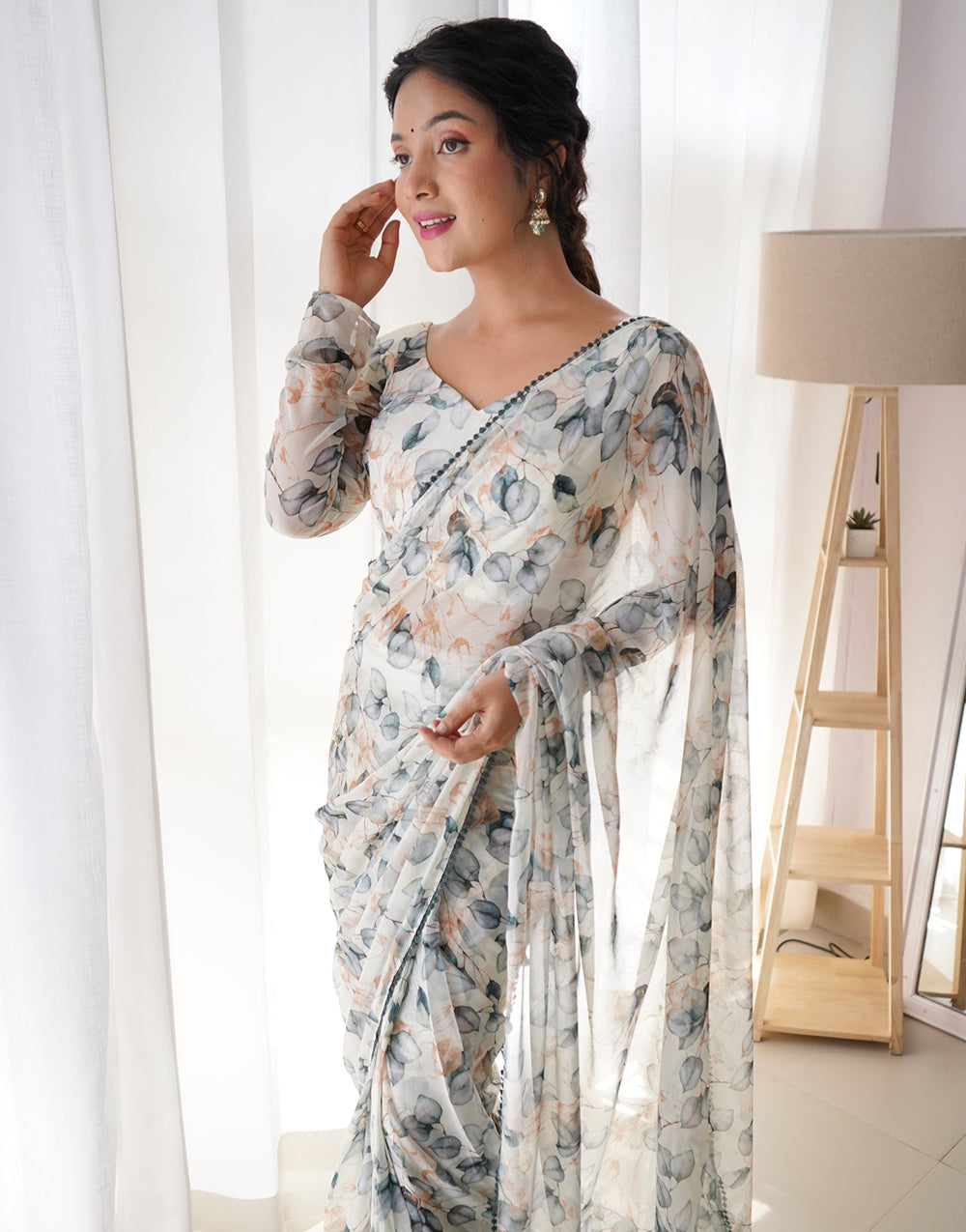 Off White Flower Print Georgette Saree