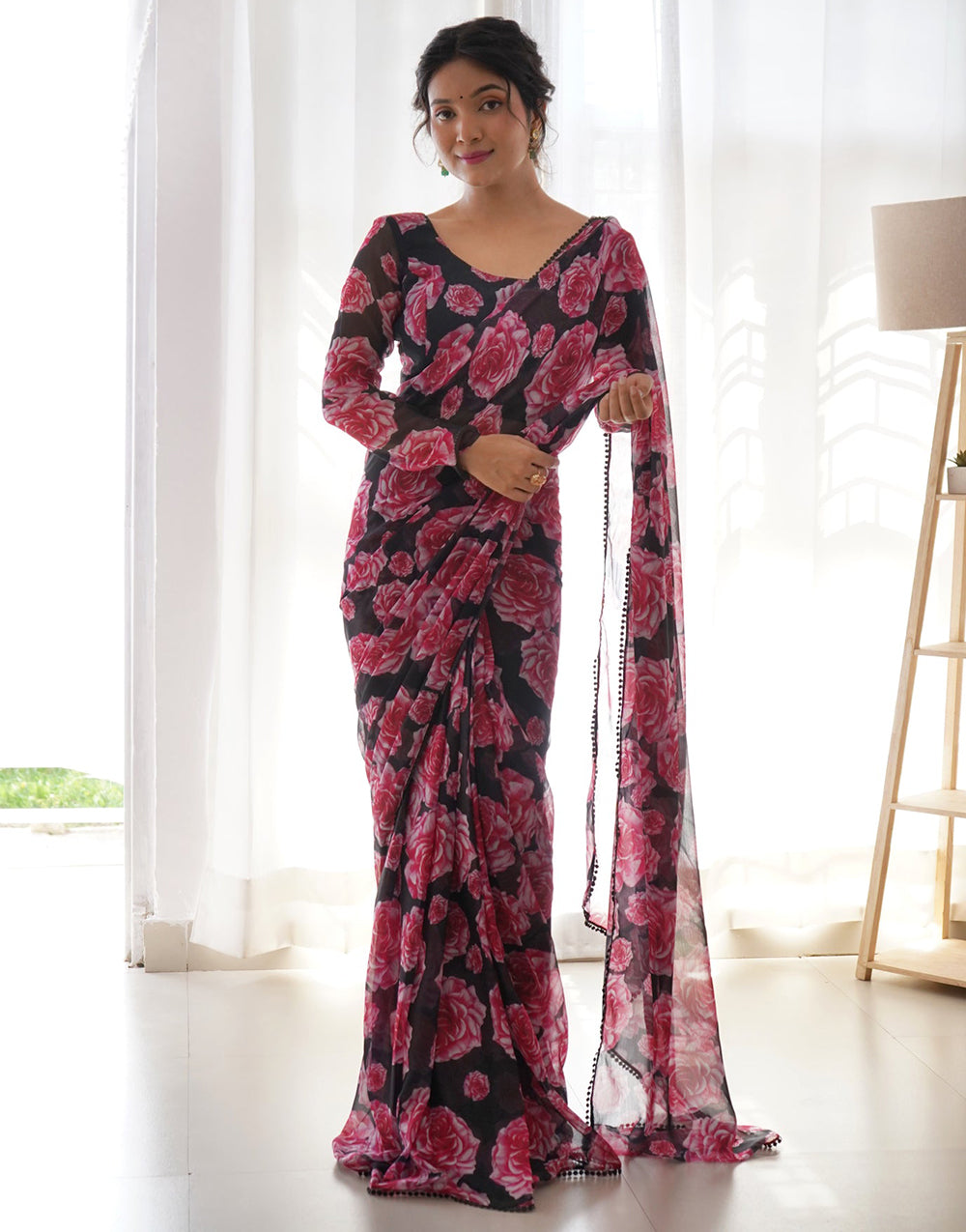 Black & Pink Flower Printed Georgette Ready To Wear Saree