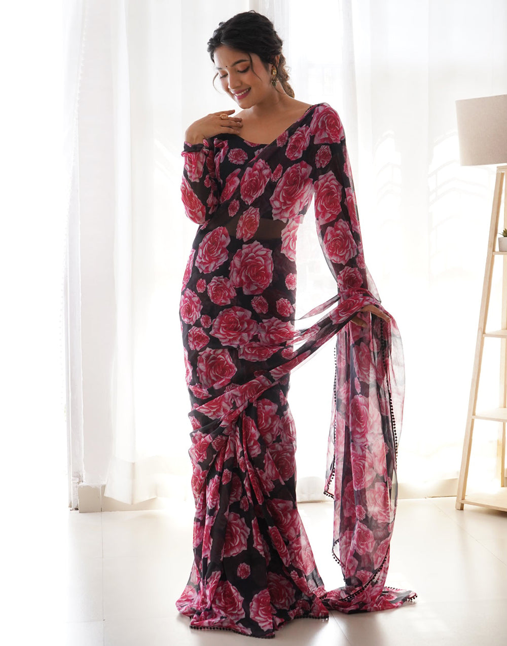 Black & Pink Flower Printed Georgette Ready To Wear Saree
