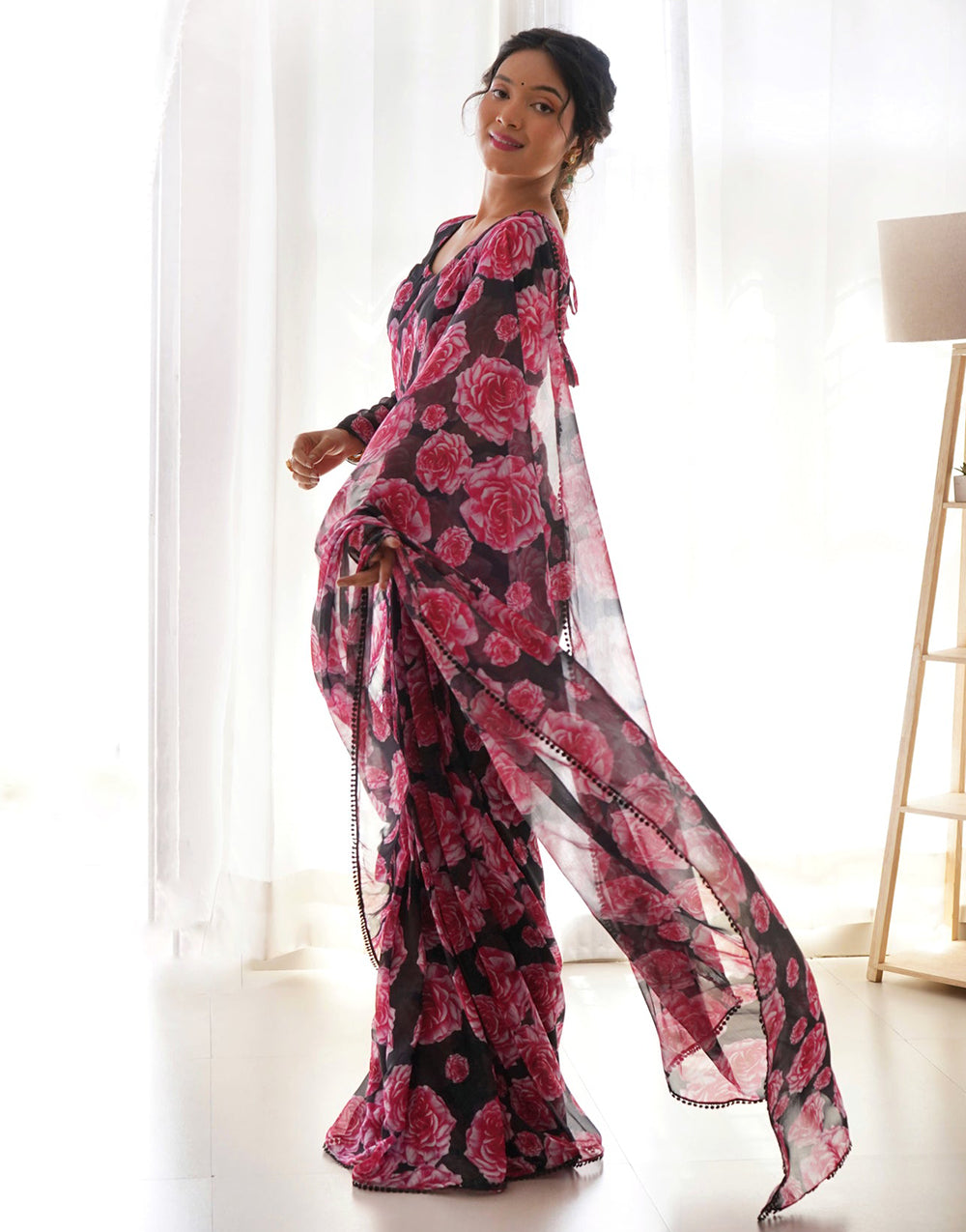Black & Pink Flower Printed Georgette Ready To Wear Saree