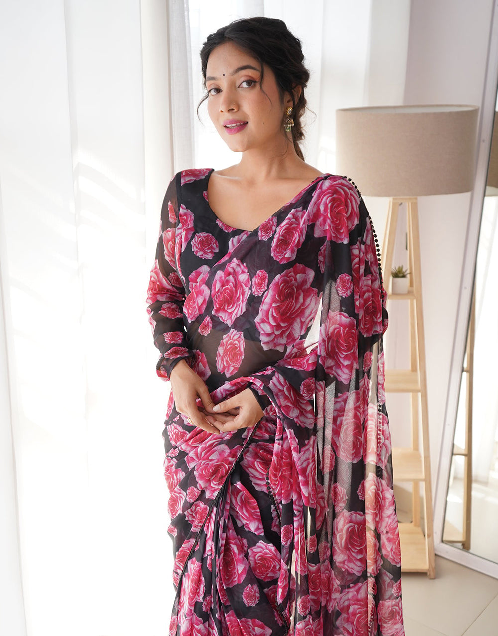 Black & Pink Flower Printed Georgette Ready To Wear Saree