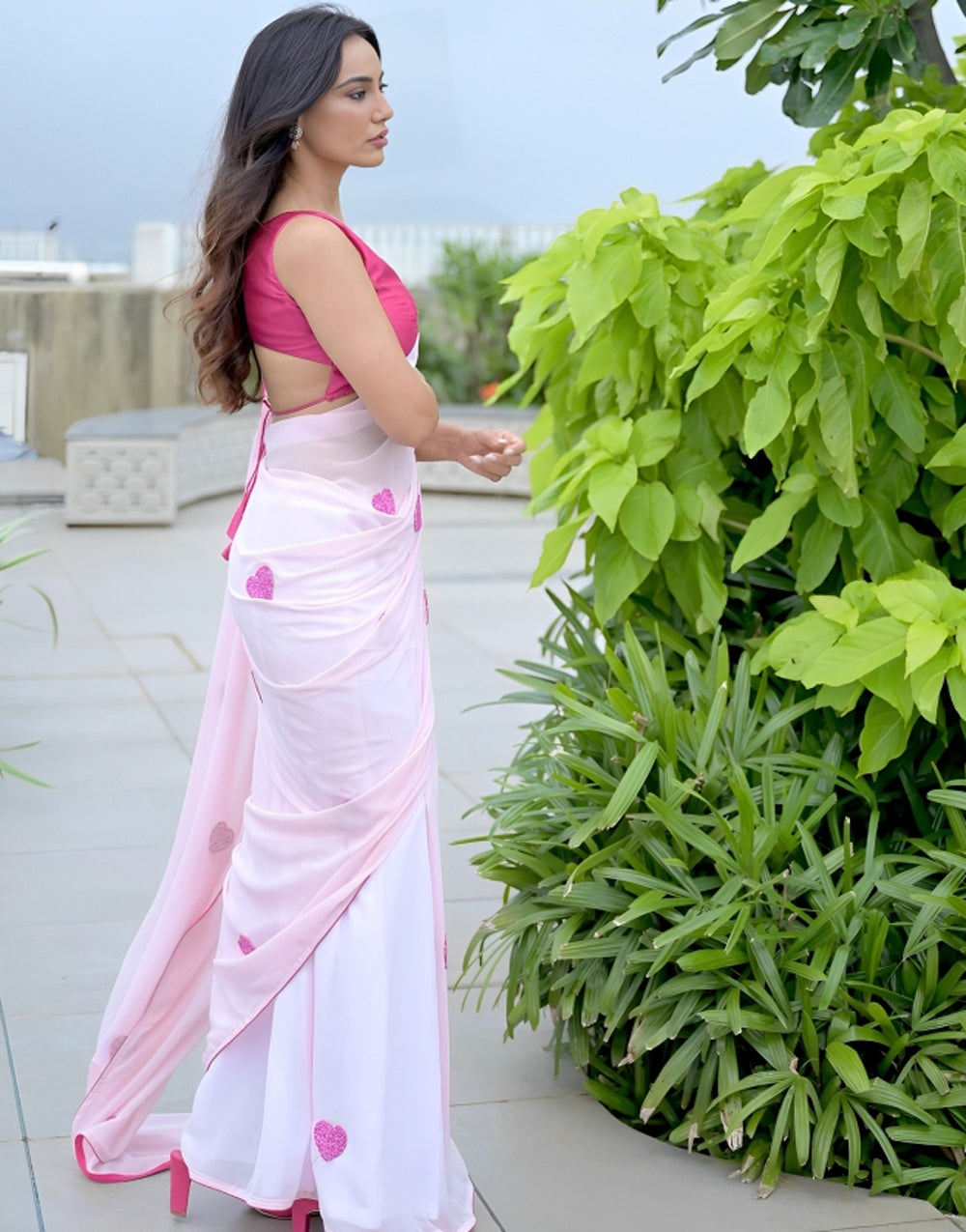 Light Pink Georgette Ready To Wear Embroidery Saree