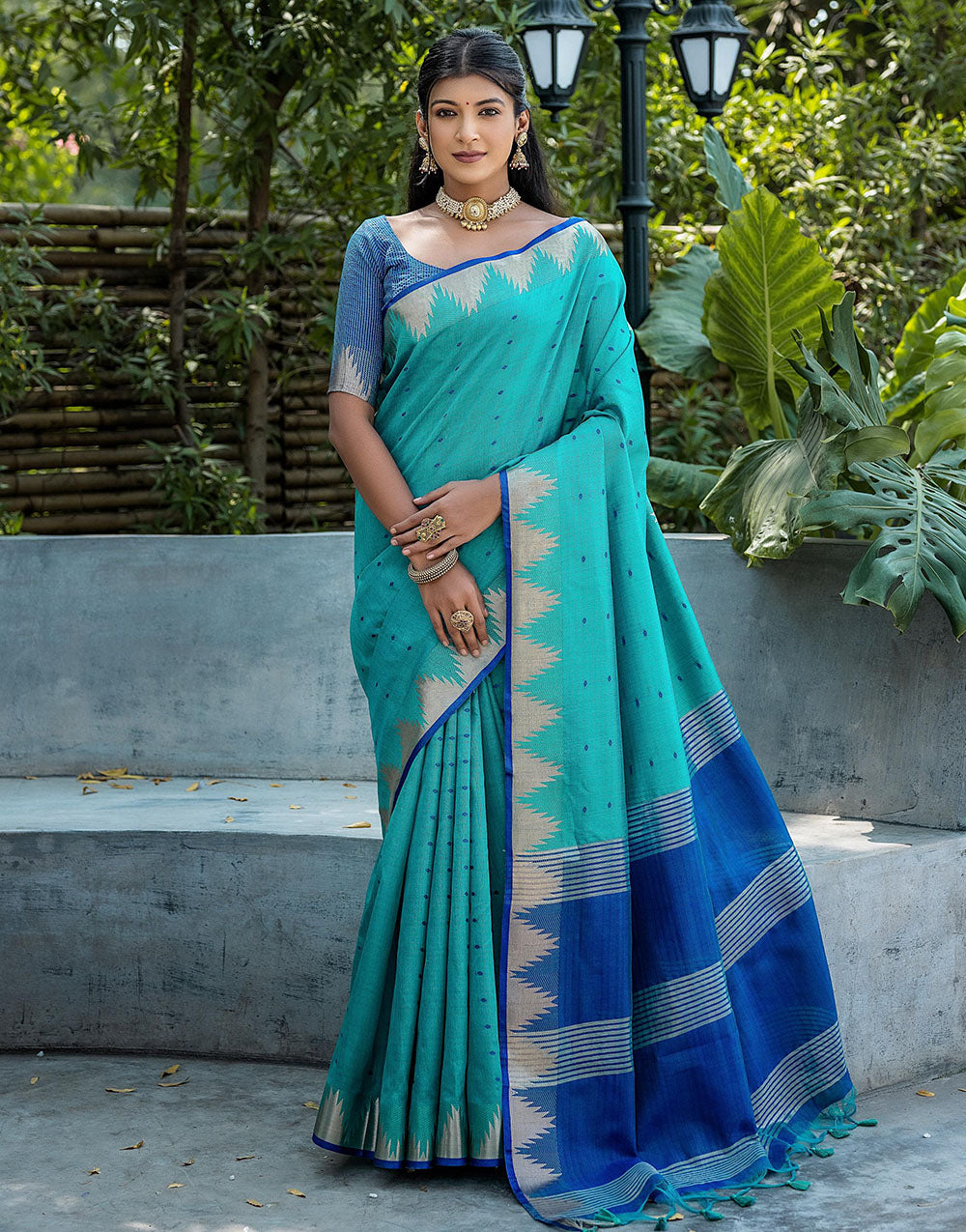Rama Blue Tussar Silk Saree With Weaving Work
