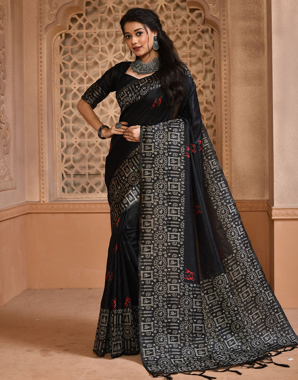 Black Silk Saree With Weaving Work