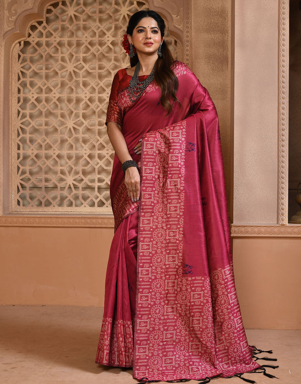 Punch Pink Silk Saree With Weaving Work