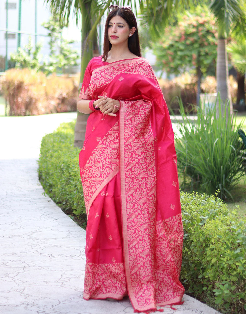 Pink Handloom Raw Silk Saree With Weaving Butties Work