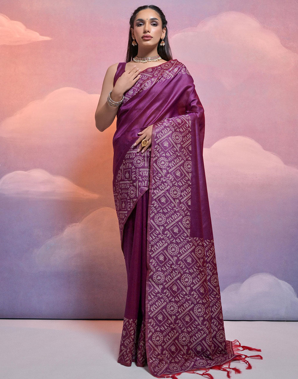 Wine Handloom Raw Silk Saree With Weaving Work