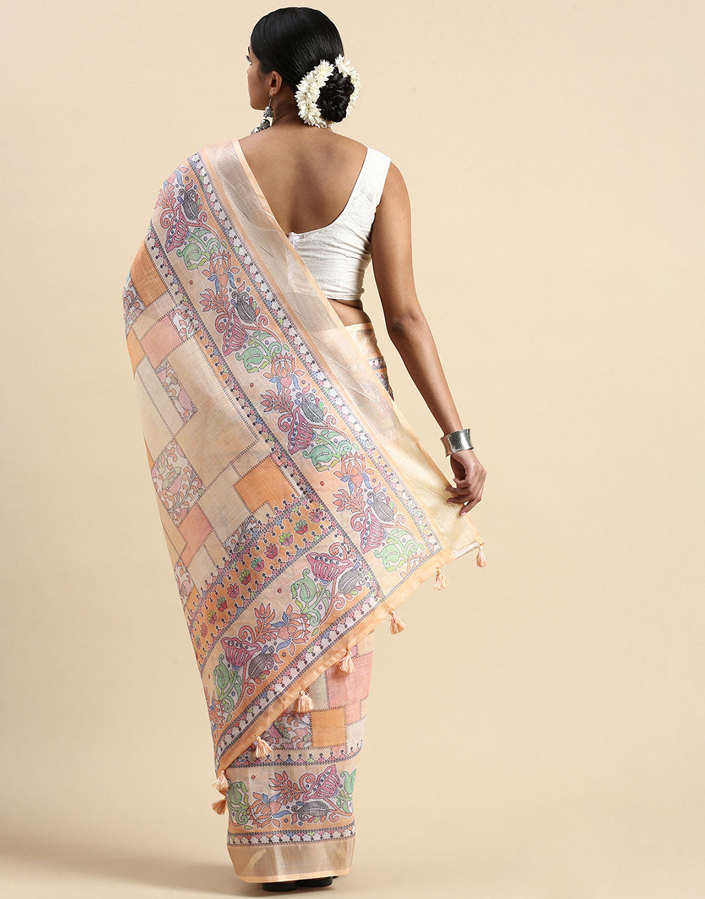Light Orange Linen Saree With Printed Work