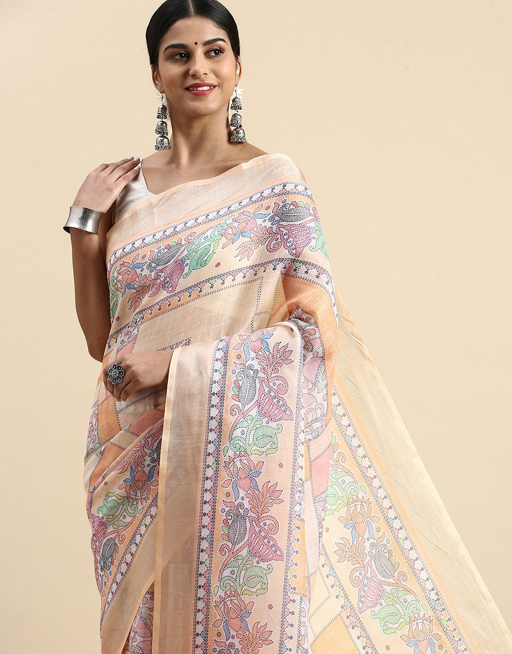 Light Orange Linen Saree With Printed Work