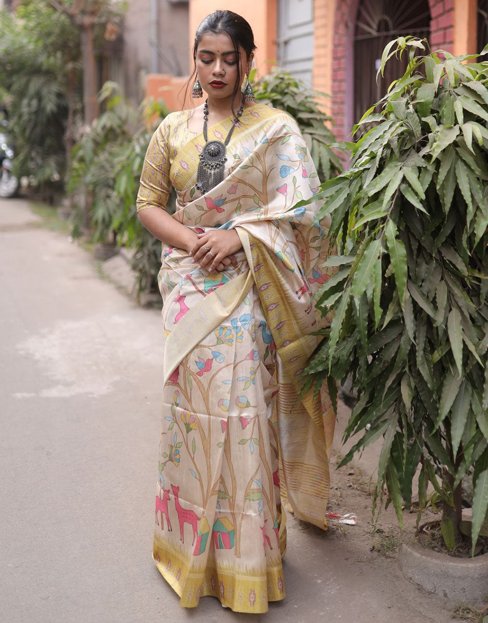 Light Yellow Tussar Silk Saree With Digital Printed Work