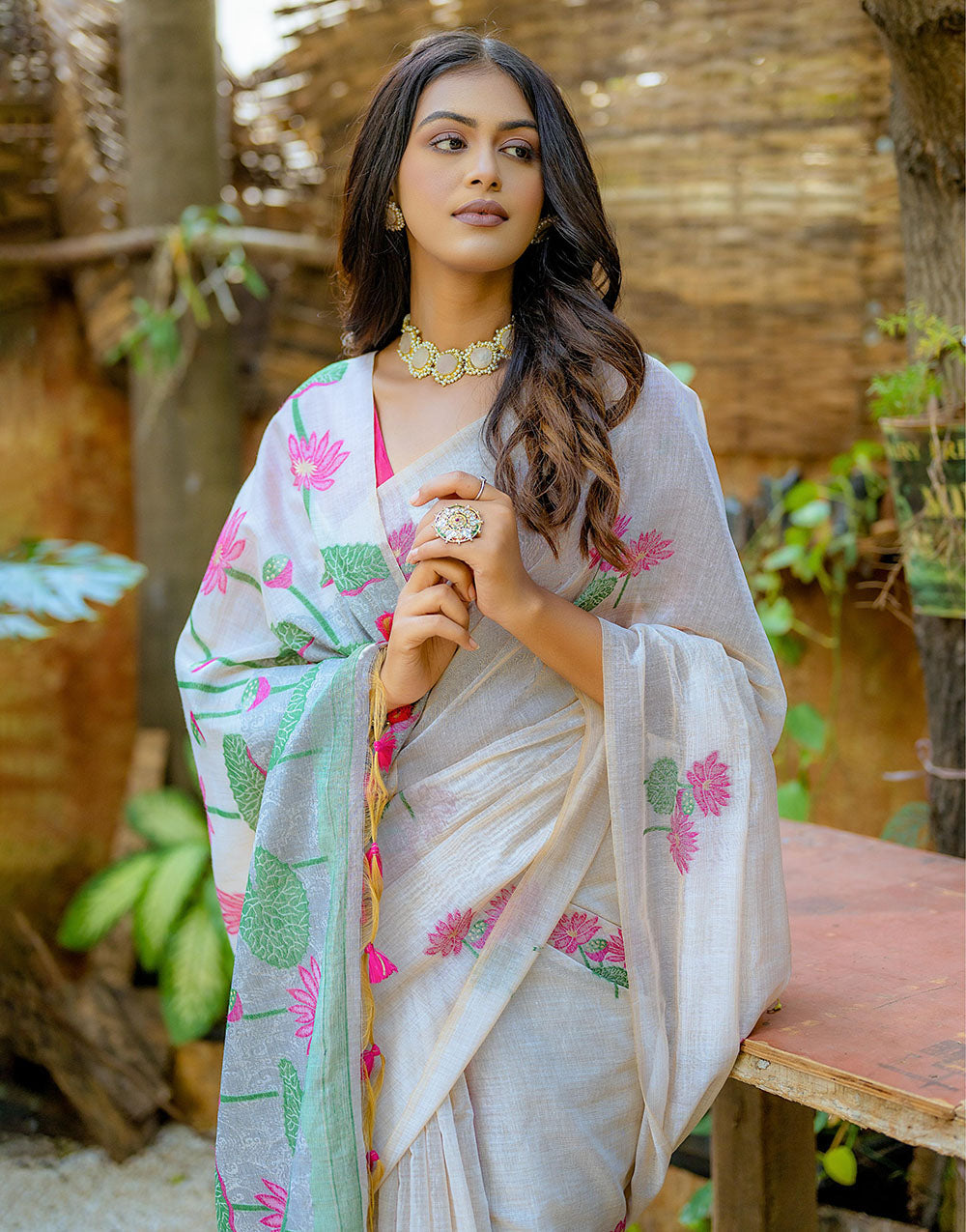 Pink Soft Muga Silk Saree With Floral Weaving Work