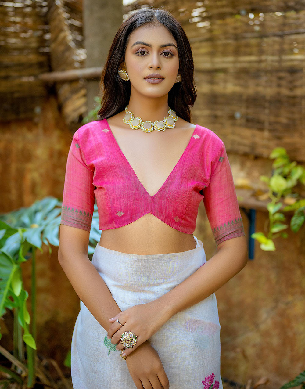 Pink Soft Muga Silk Saree With Floral Weaving Work