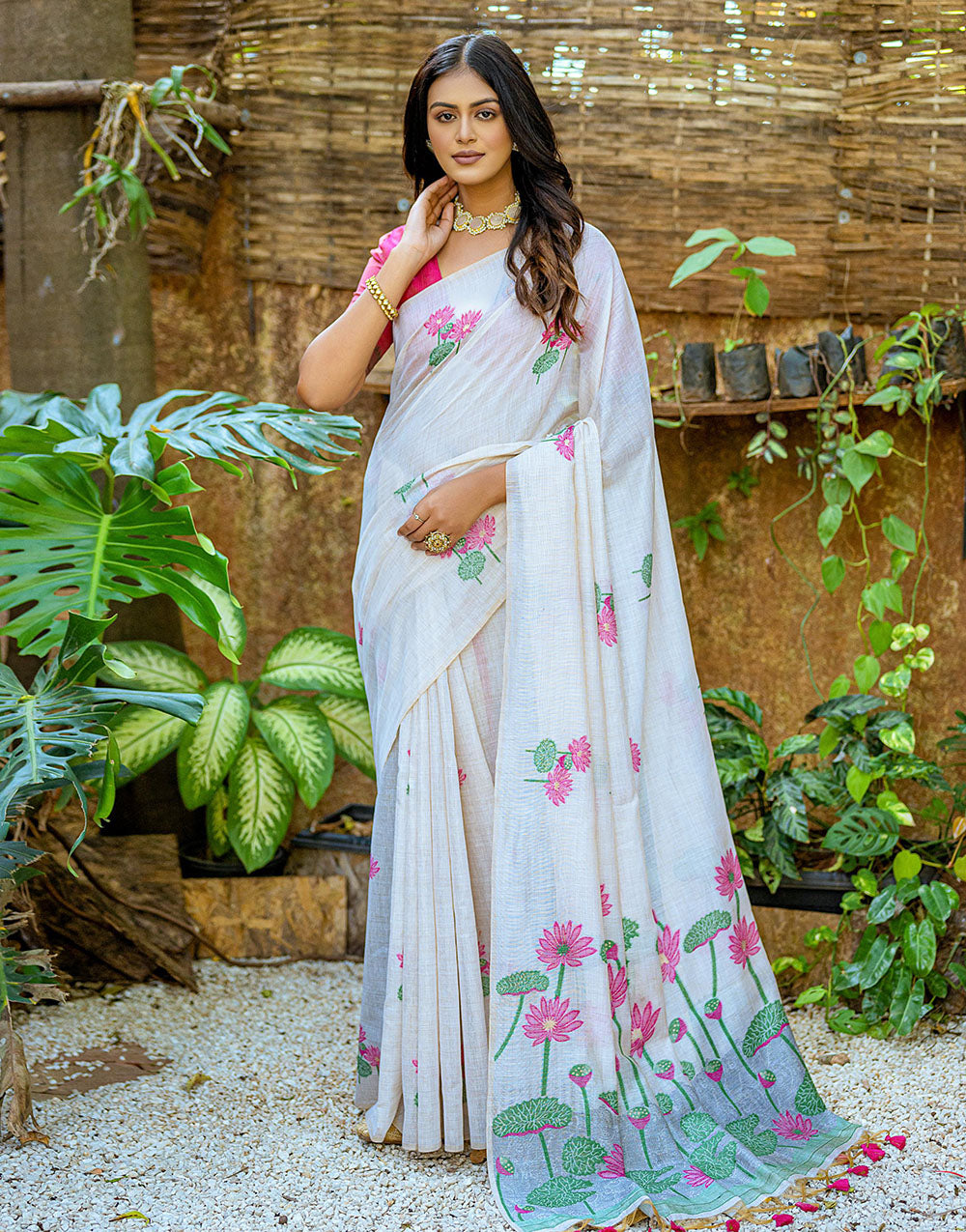 Pink Soft Muga Silk Saree With Floral Weaving Work