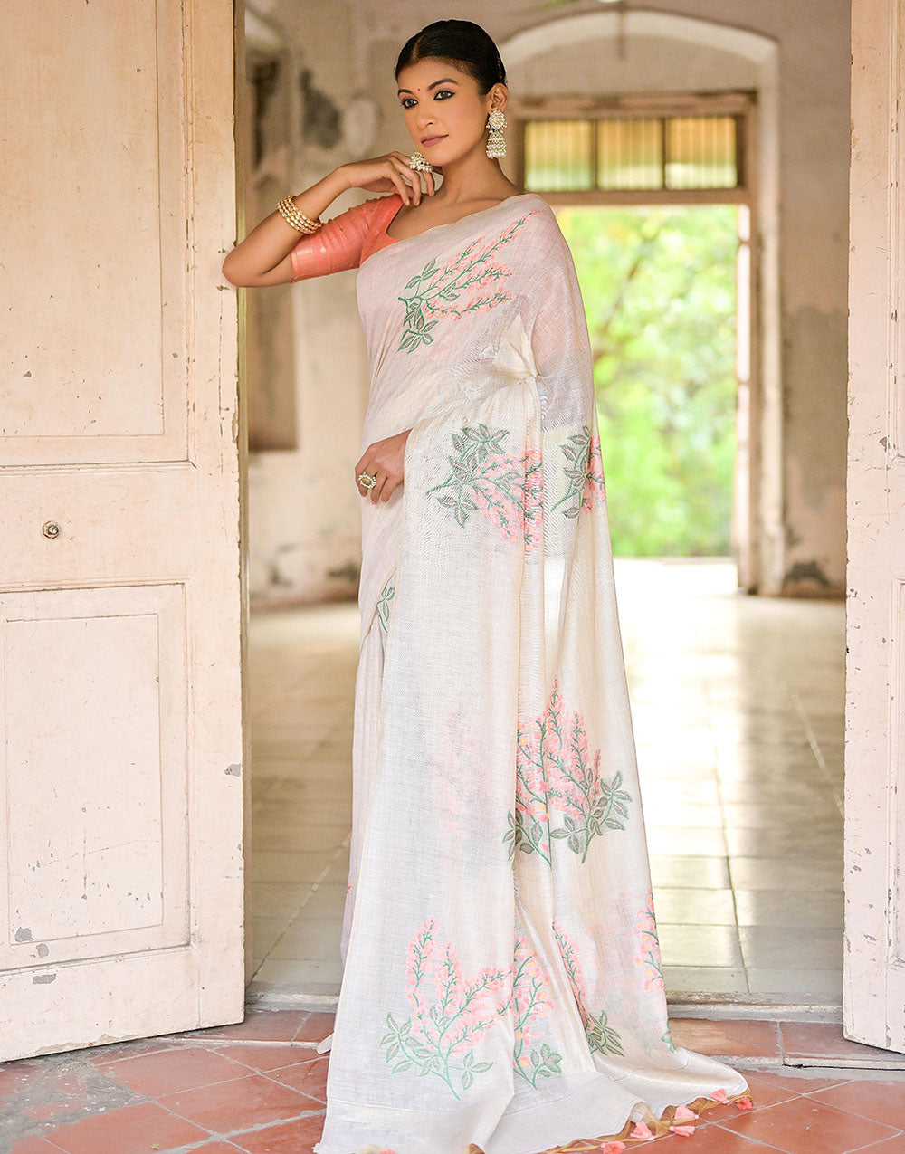 Peach & White Soft Muga Silk Saree With Weaving Work