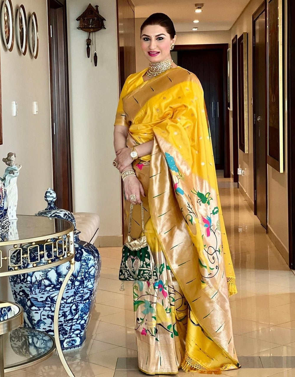 Yellow Paithani Silk Saree With Zari Weaving Work