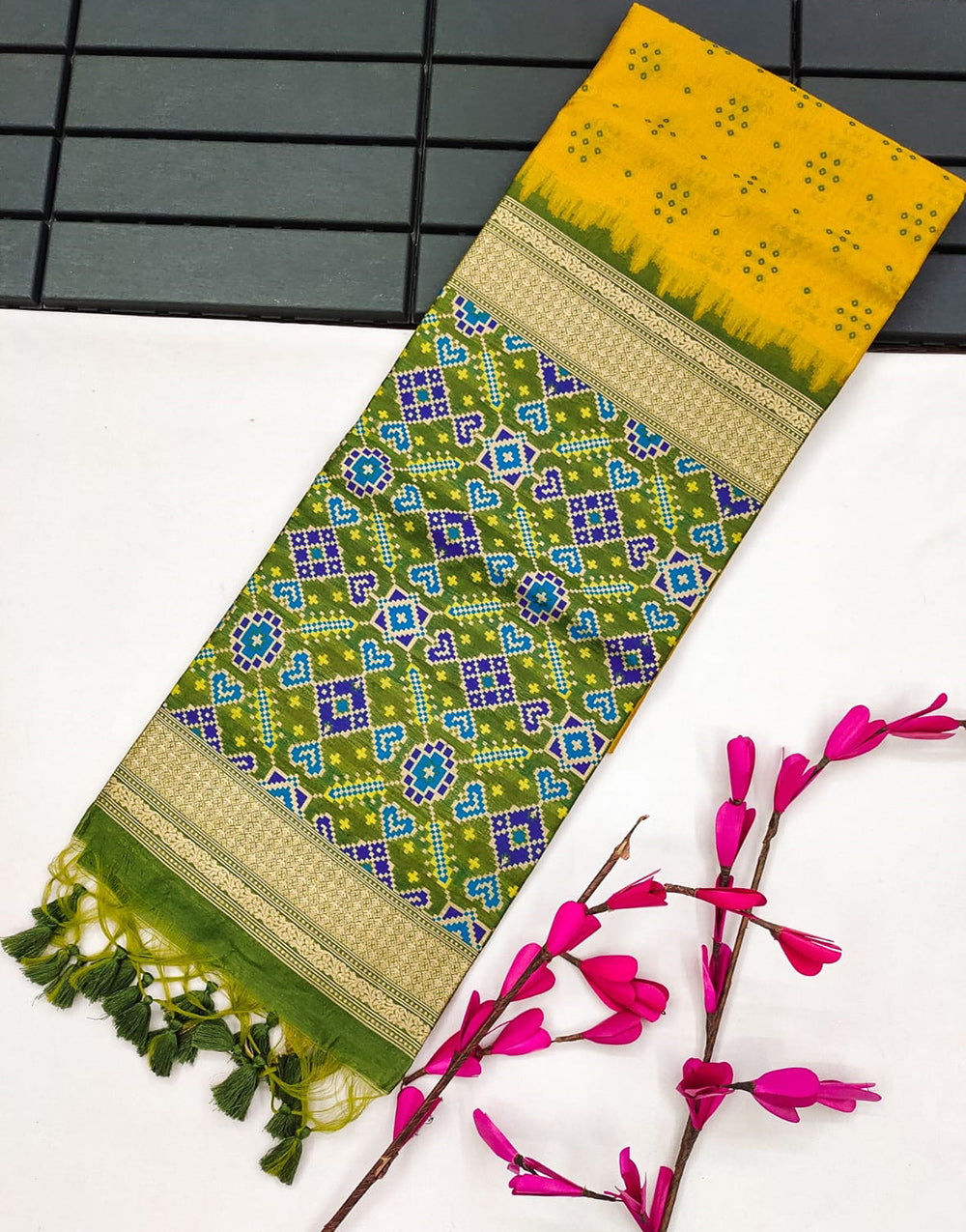 Yellow Tussar Silk Saree With Patola Printed Pallu & Weaving Work
