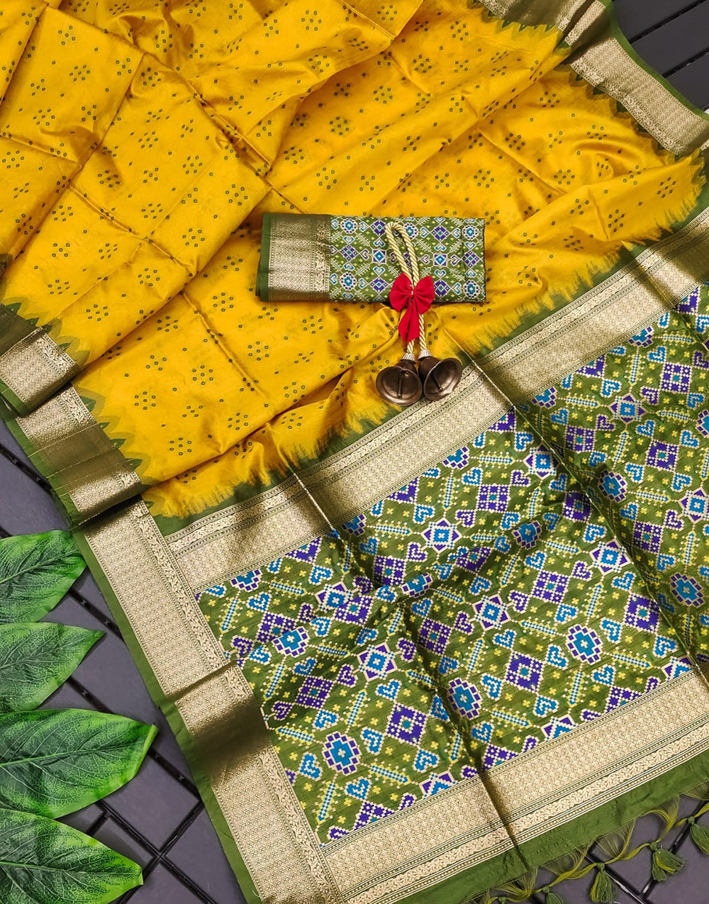 Yellow Tussar Silk Saree With Patola Printed Pallu & Weaving Work