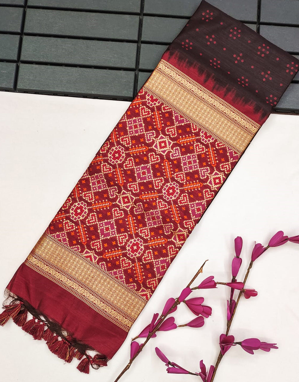 Dark Brown Tussar Silk Saree With Patola Pallu & Weaving Work