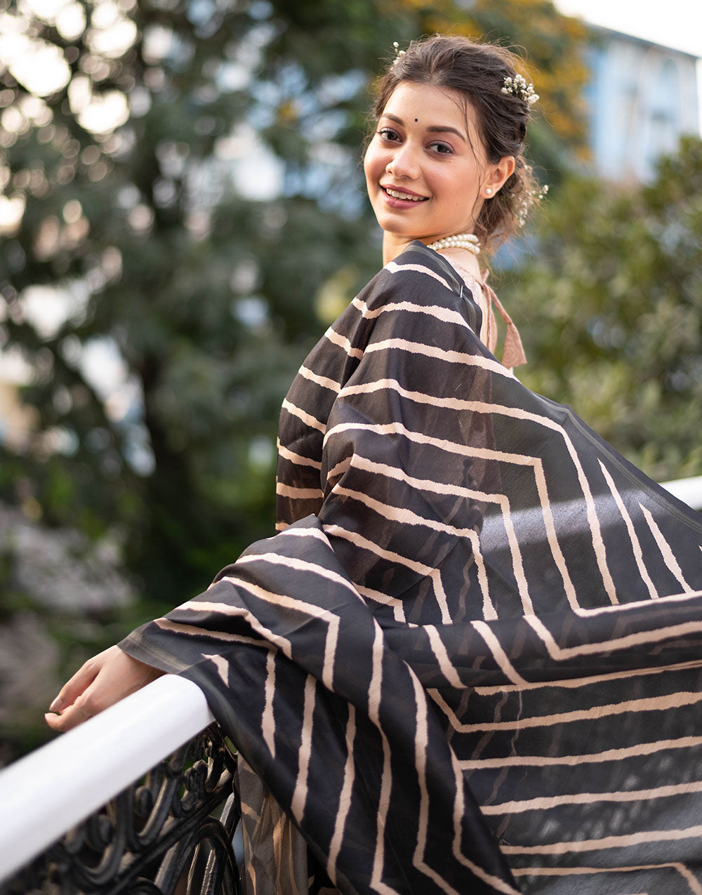Black Tussar Silk Saree With Lehariya Printed Work
