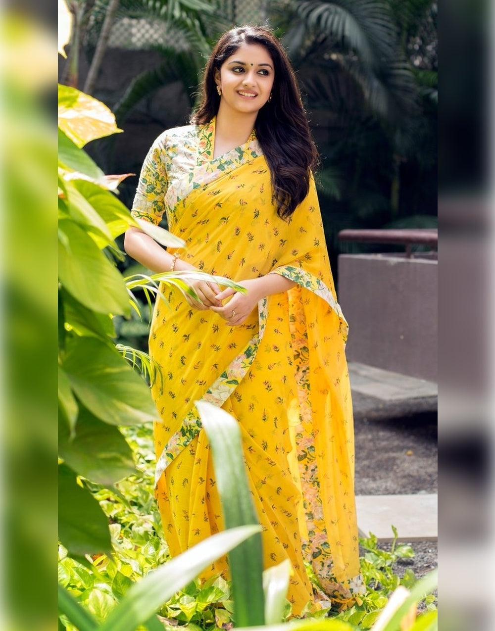 Yellow Georgette Saree With Printed Work