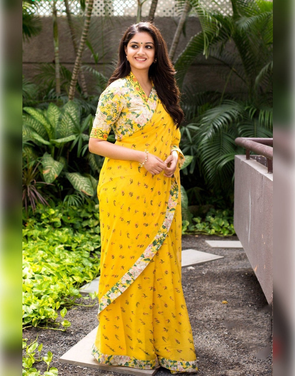 Yellow Georgette Saree With Printed Work