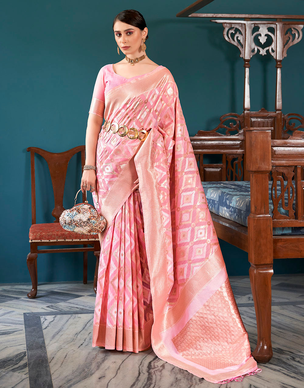 Pink Linen Saree With Zari Weaving Work