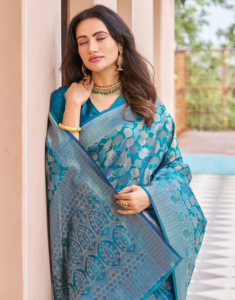 Rama Blue Kanjivaram Silk With Weaving Saree