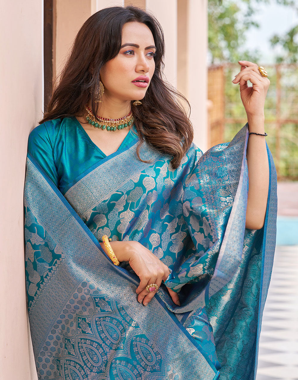 Rama Blue Kanjivaram Silk With Weaving Saree
