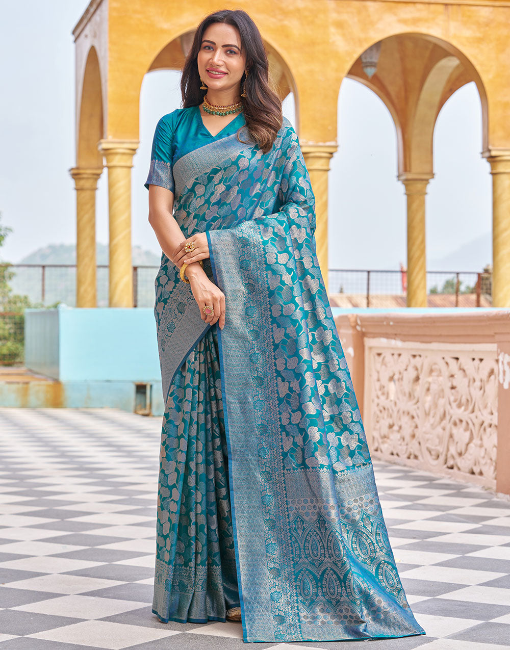 Rama Blue Kanjivaram Silk With Weaving Saree