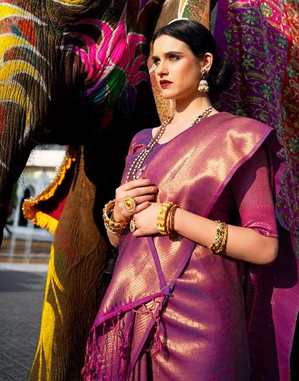 Hot Purple Kanjivaram Silk Saree With Zari Weaving Work