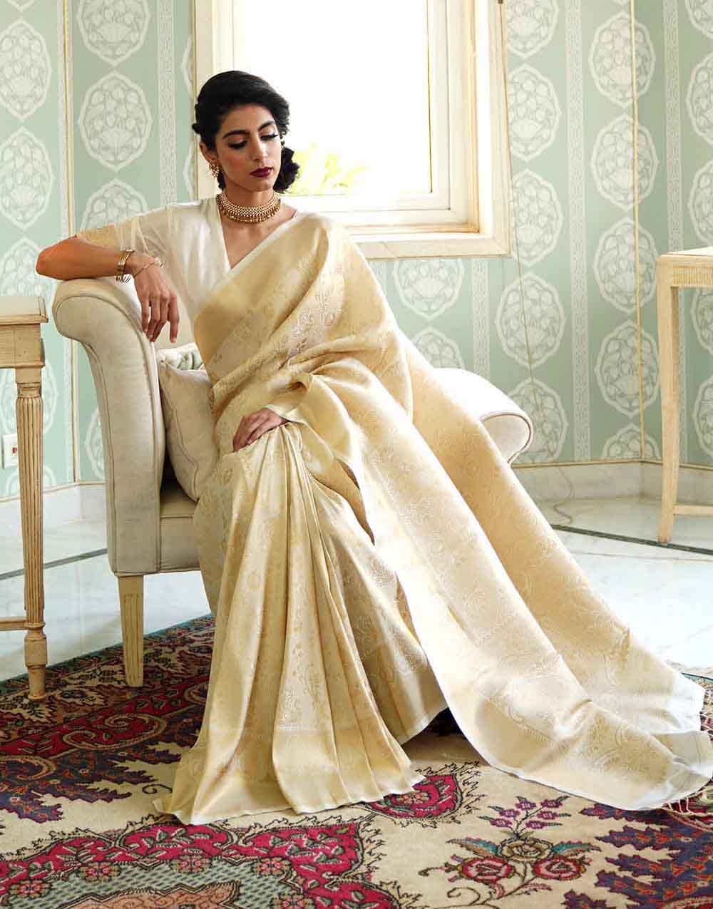 Cream Kanjivaram Silk Saree With Zari Weaving Work