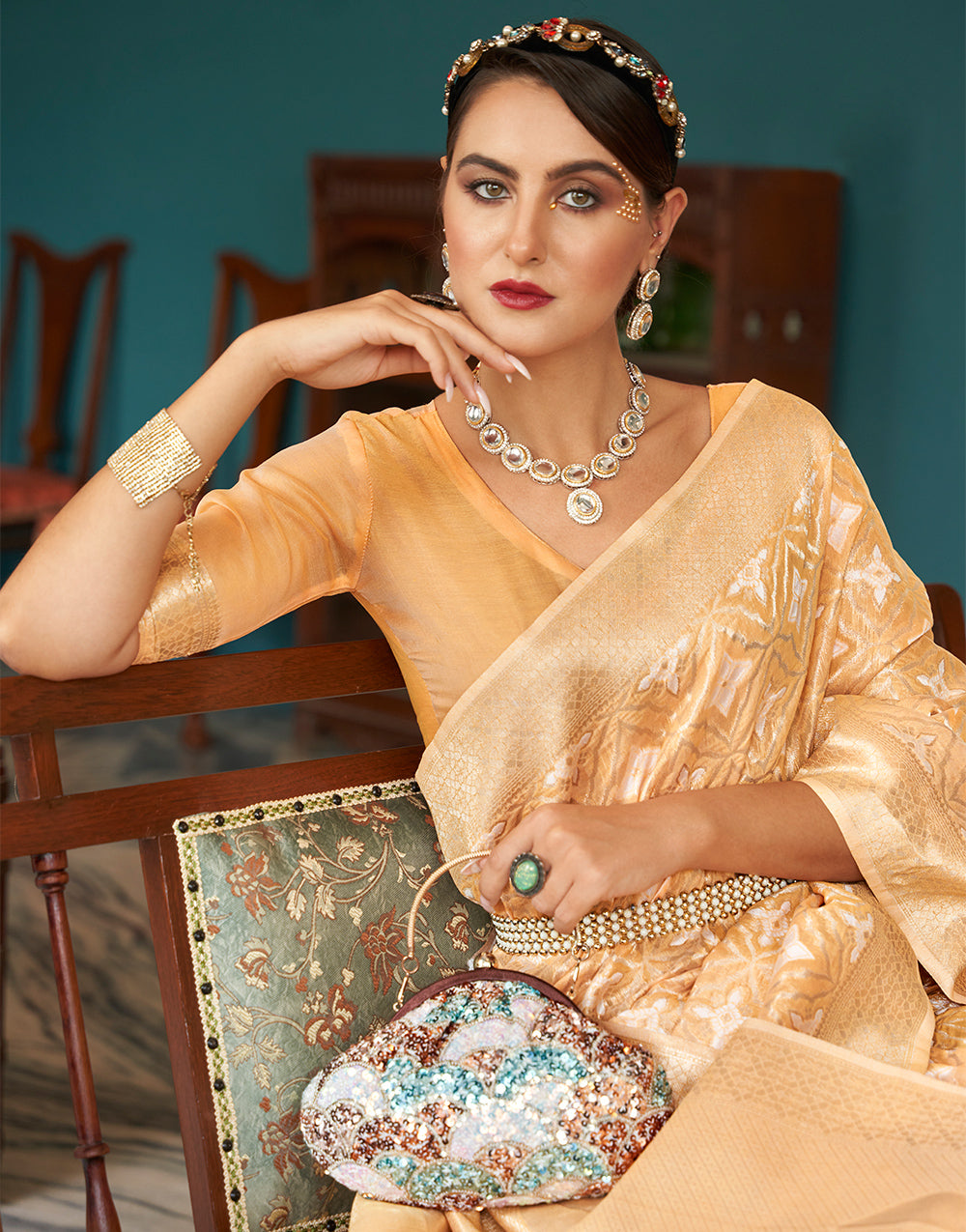 Dark Peach Cotton Saree With Weaving Work